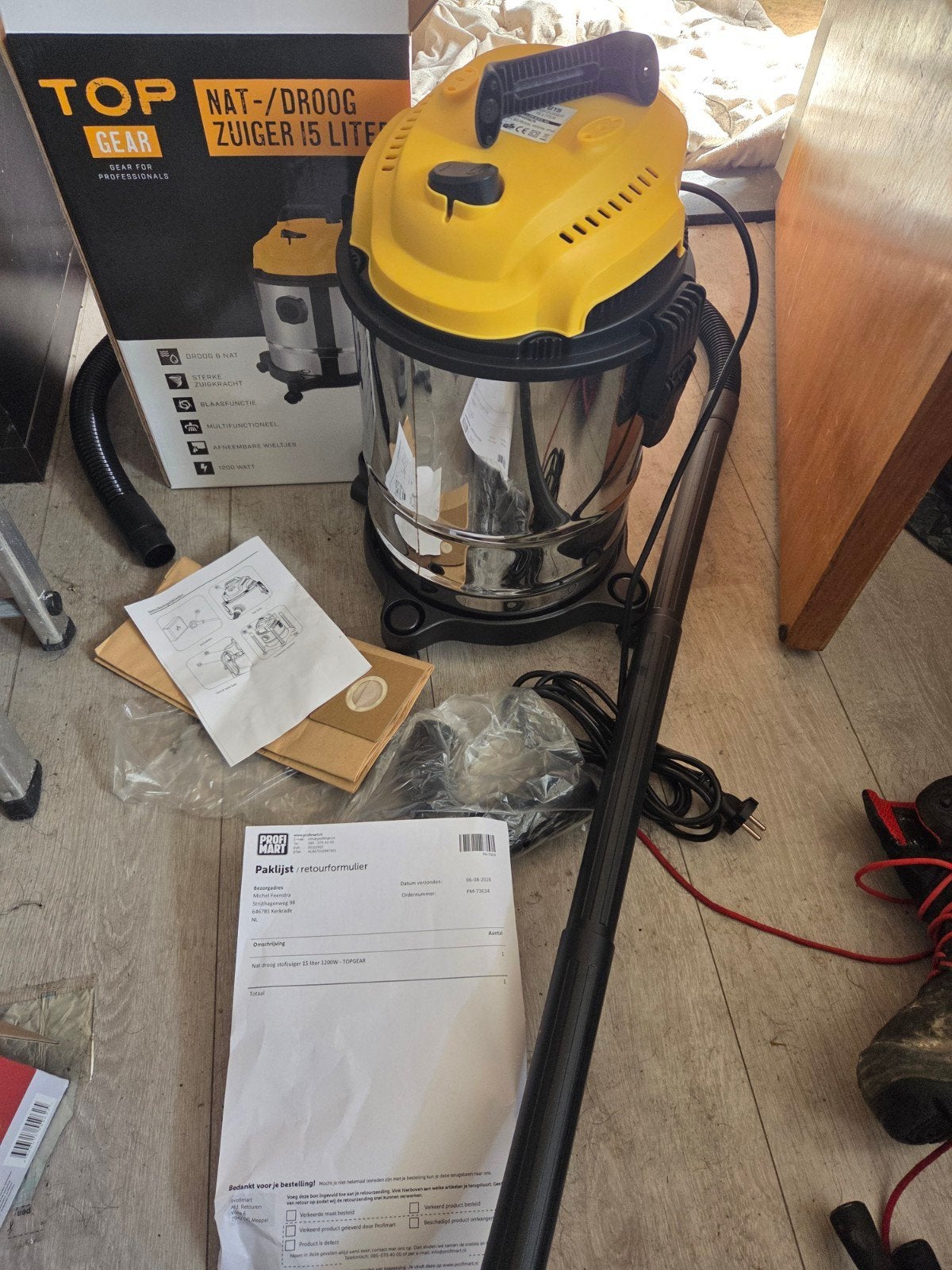 Top Gear Nat-/Droogzuiger 15 Liter - Nieuw in doos, Witgoed en Apparatuur, Stofzuigers, Ophalen, Overige merken, Nieuw, Industriële stofzuiger