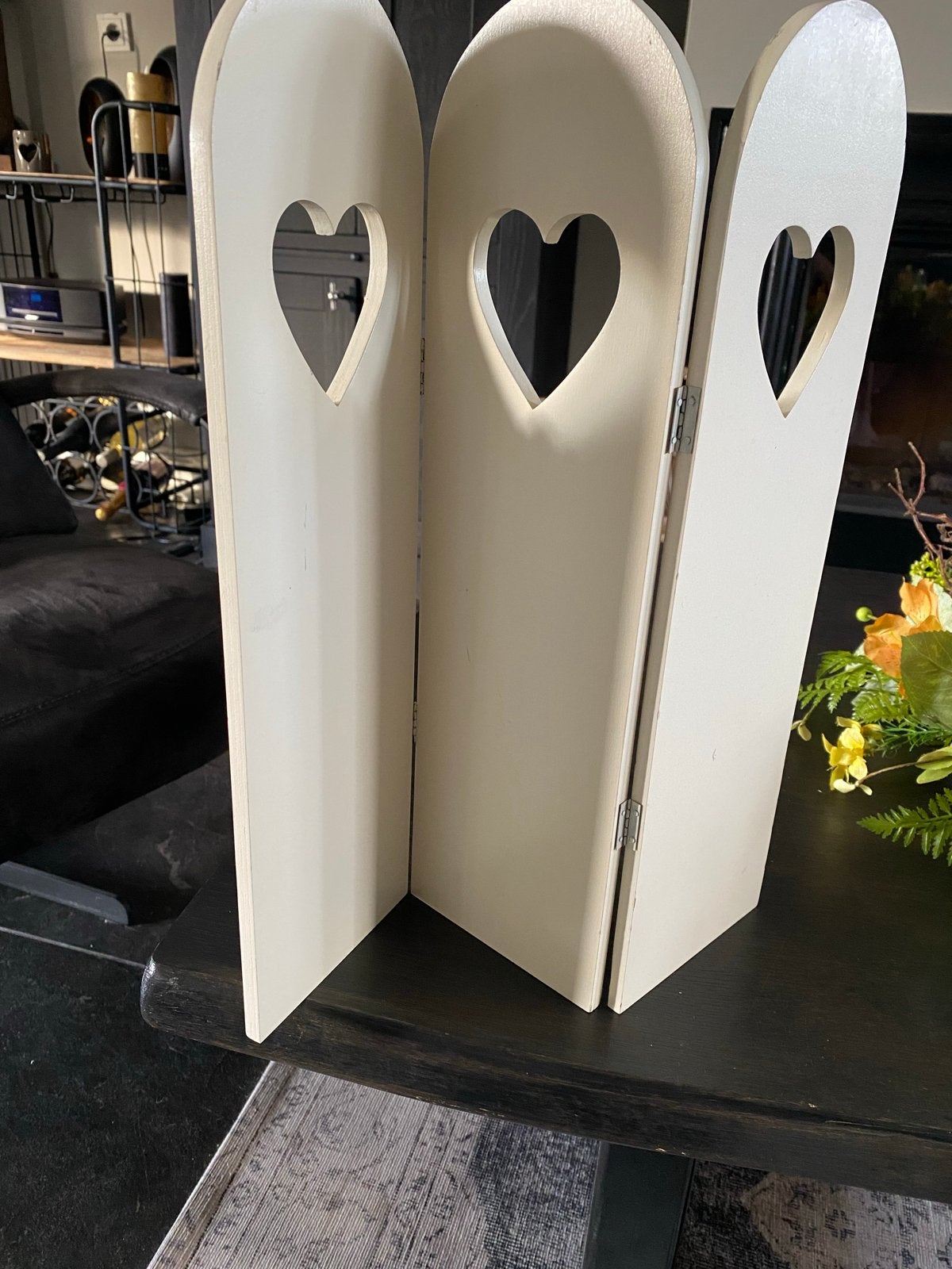 Drieluik voor vensterbank met hartjes,brocante, Hout, Gebruikt, Beige, Ophalen of Verzenden