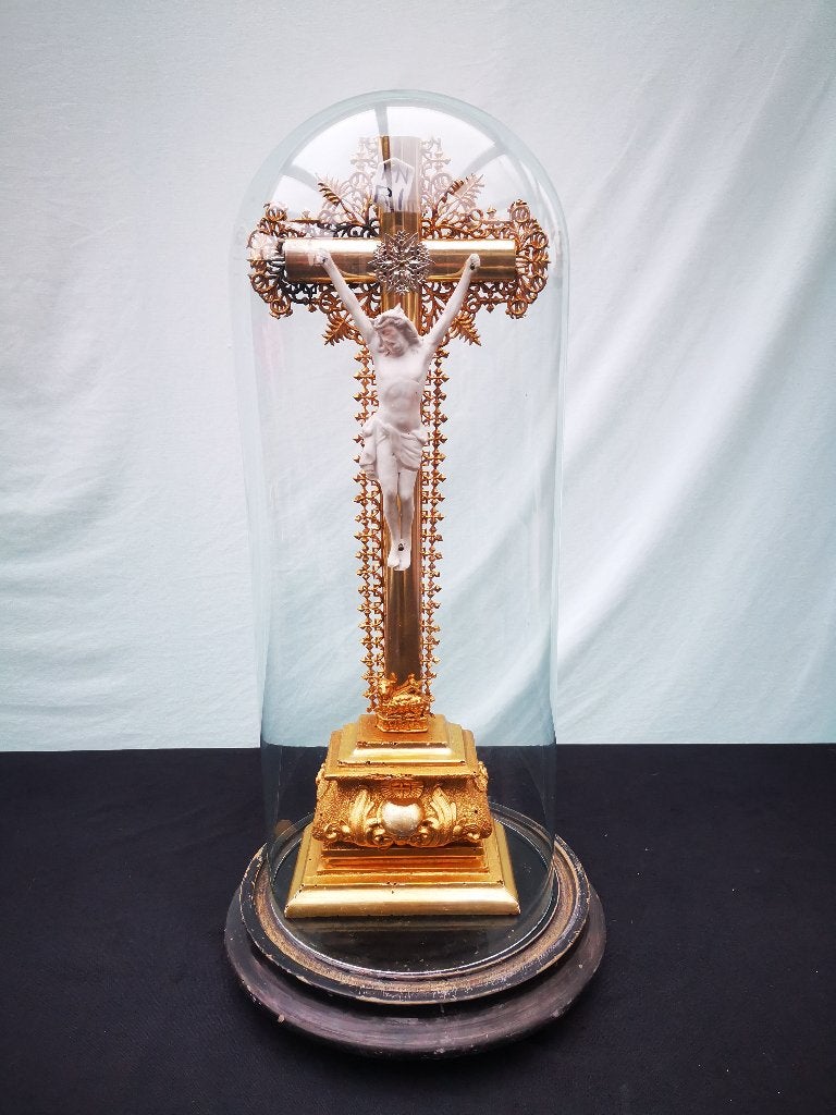 Antiek Frans Crucifix Kruisbeeld Glazen Stolp Napoleon III, Ophalen of Verzenden