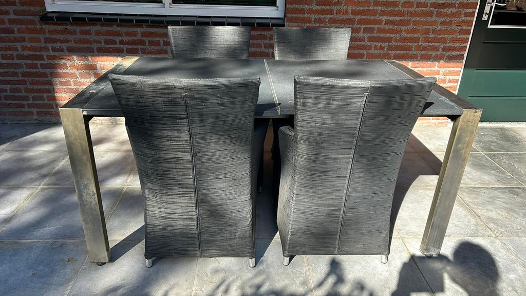 Natuurstenen tafel met ijzeren frame 90x160cm, Ophalen, Gebruikt
