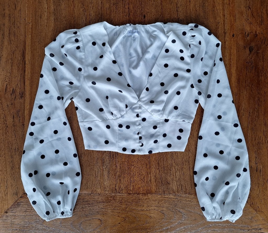Loavies, witte top met zwarte stippen., Wit, Ophalen of Verzenden, Lange mouw, Maat 36 (S)