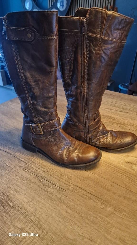 Bruine leren laarzen maat 39, Hoge laarzen, Bruin, Ophalen of Verzenden, Onbekend