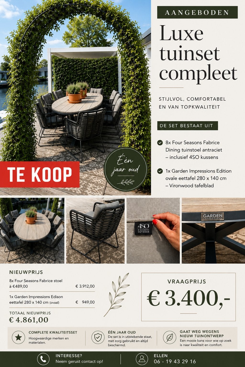 Tuinset 8 personen, 4SO, Garden, antraciet, Ophalen, Zo goed als nieuw, Wicker, Eettafel
