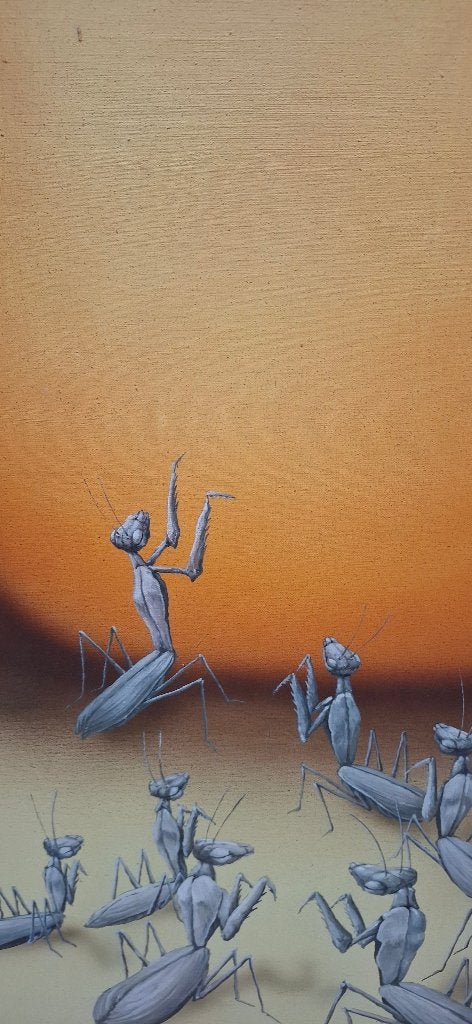 Billen met bidsprinkhanen, olieverf, Eddie Schoonheijt, Overige technieken, Gesigneerd, 82 cm, Flora en Fauna