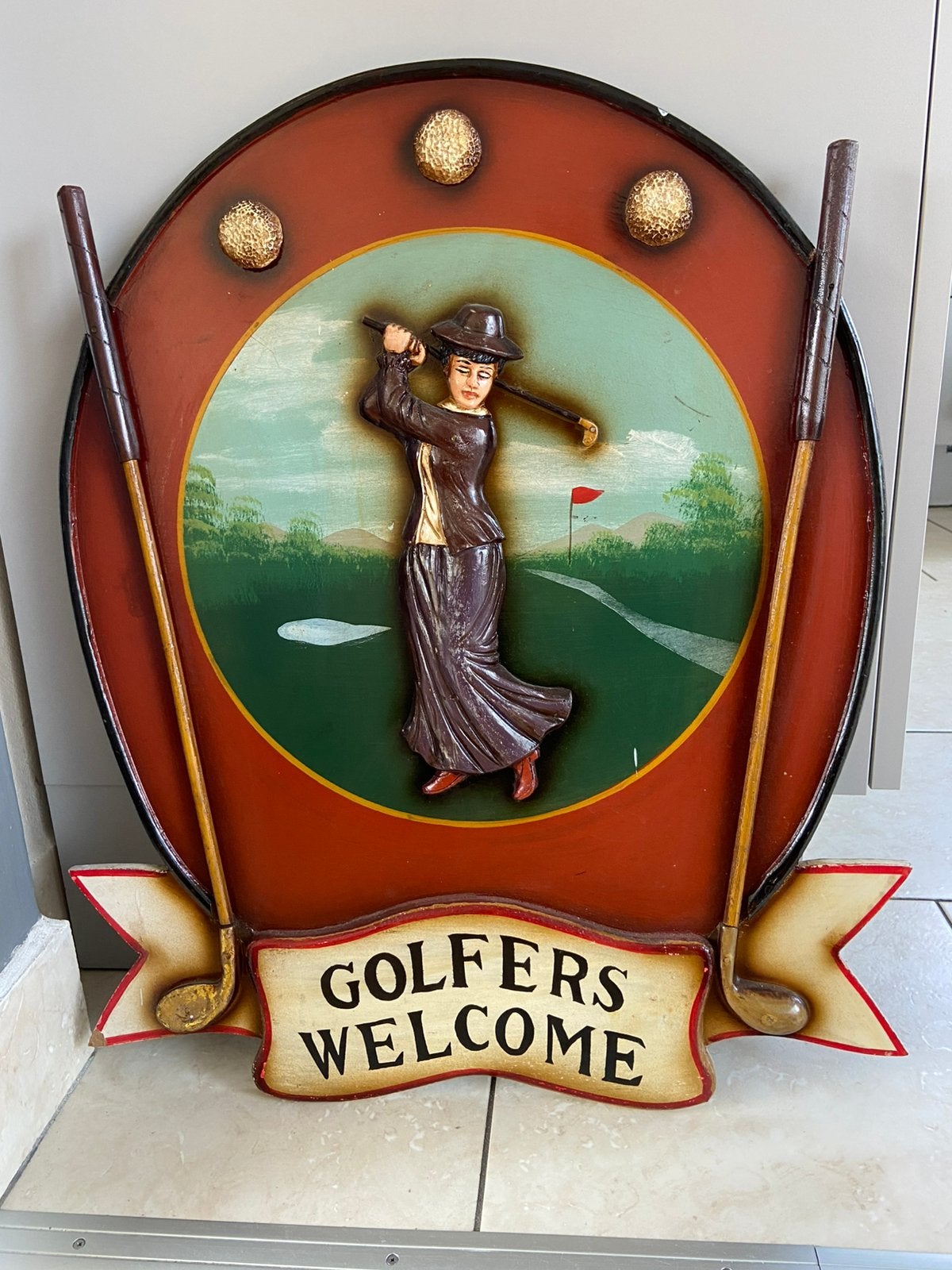 Vintage - Houten - Golf reclamebord - Golfers Welcome., Verzamelen, Ophalen, Zo goed als nieuw, Overige typen