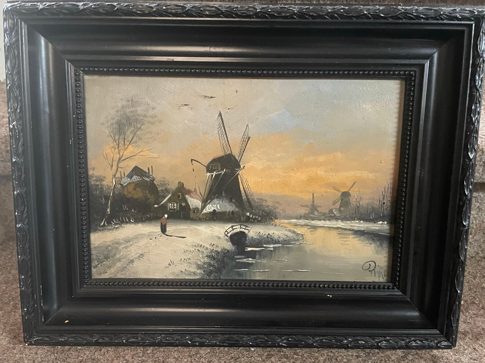 Antiek Hollands  landschap met molens en water  op paneel, Paneel, Oud hollands, Ophalen of Verzenden, Gesigneerd