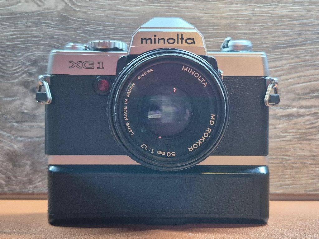 Minolta XG-1 + MD Rokkor 50mm f1.7 + Autowinder, Ophalen of Verzenden, Gebruikt, Spiegelreflex, Minolta