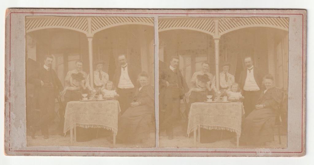 Oude stereofoto familie Habermehl 1906 met namen, Gebruikt, Verzenden, Foto, Voor 1940