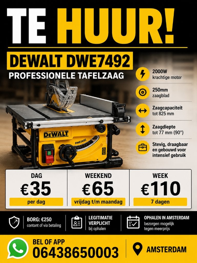 DeWalt DWE7492 tafelzaag te huur – €35 per dag, Ophalen, Cirkelzaag, Nieuw, 1200 watt of meer