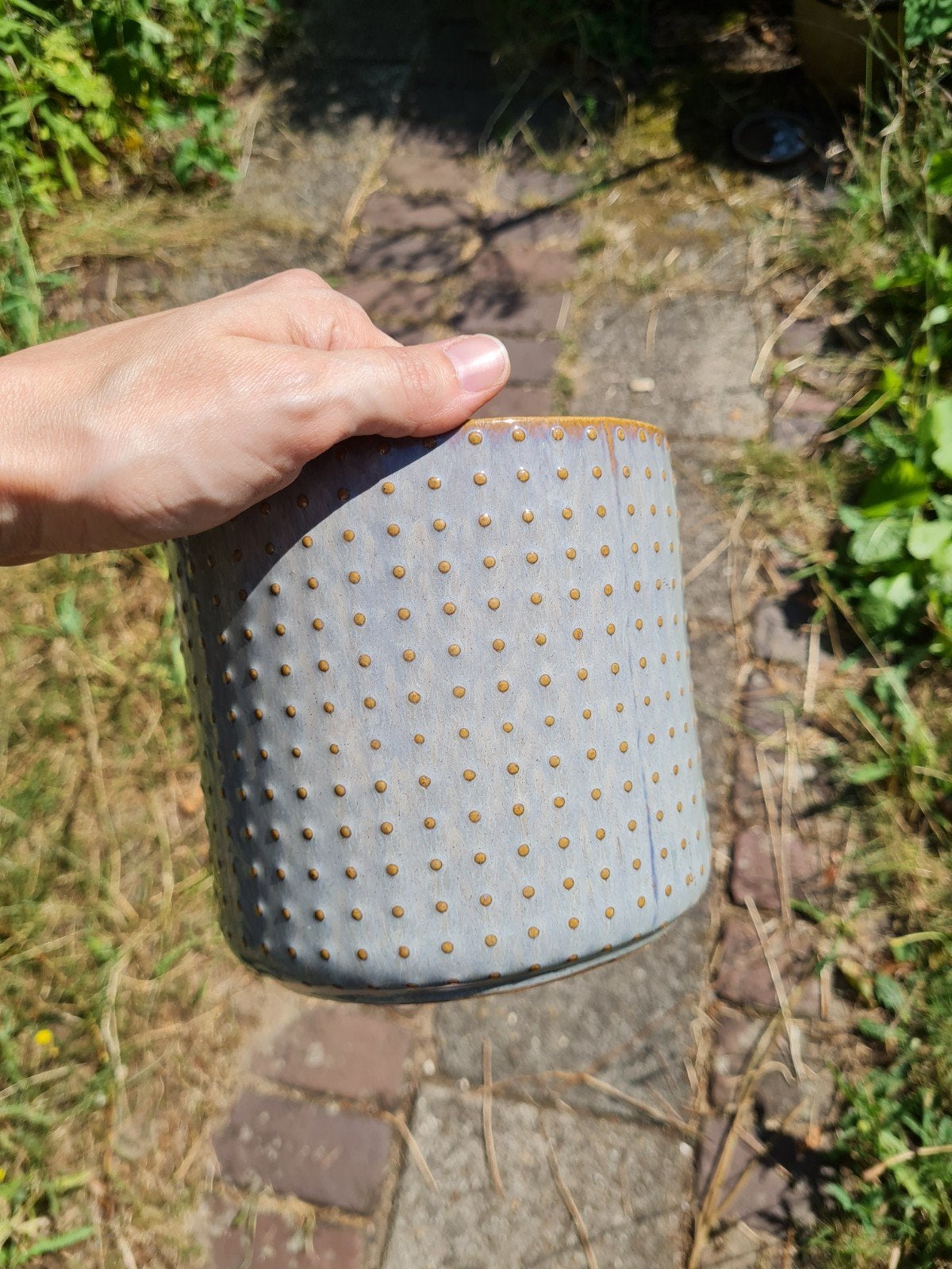 Geglazuurde aardewerk bloempot, grijs met stippen, Ophalen, Zo goed als nieuw, Grijs, Steen/keramiek