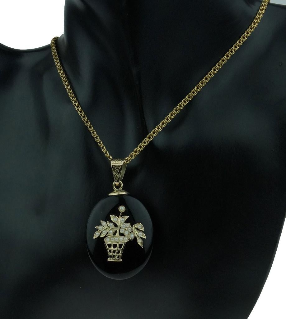 Onyx edelsteen 14k gouden bloemen mand ketting hanger antiek