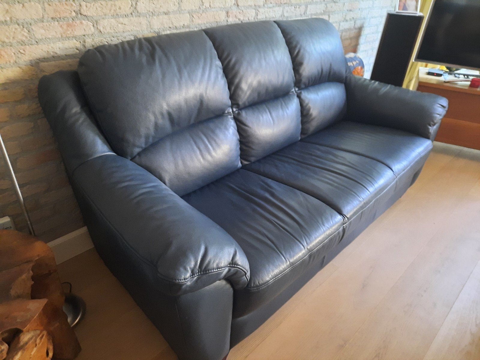 Comfortabele 3-zits leren bank blauw- Zo goed als nieuw, Modern klassiek, Driepersoons, Ophalen of Verzenden, Zo goed als nieuw