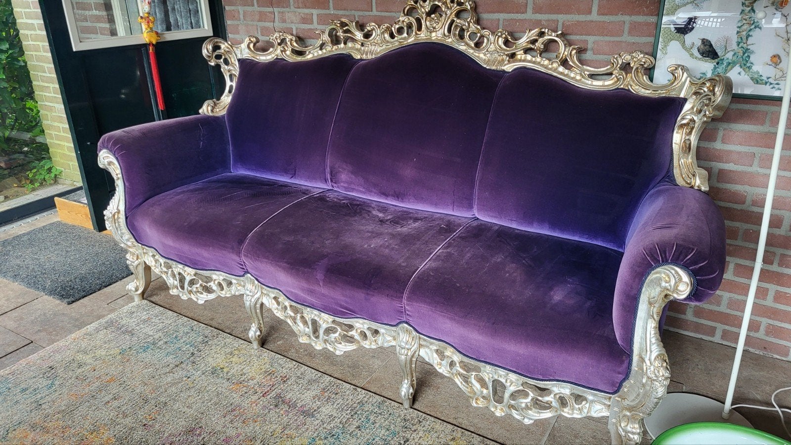 Barokke 3-zitsbank in paars fluweel met zilverkleurig frame, Ophalen, Gebruikt, Barok, Driepersoons