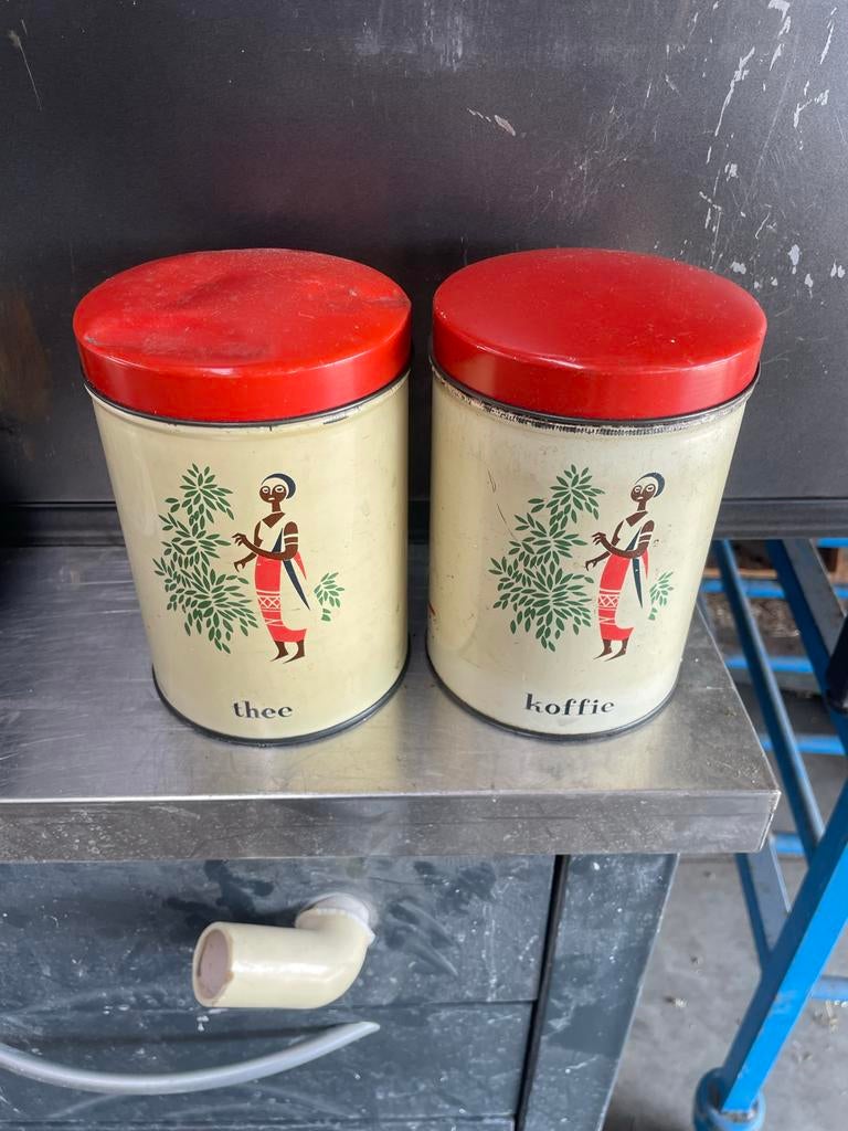 Vintage voorraadblikken 'Thee' en 'Koffie' met Afrikaanse pr, Verzamelen, Blikken, Ophalen of Verzenden, Zo goed als nieuw