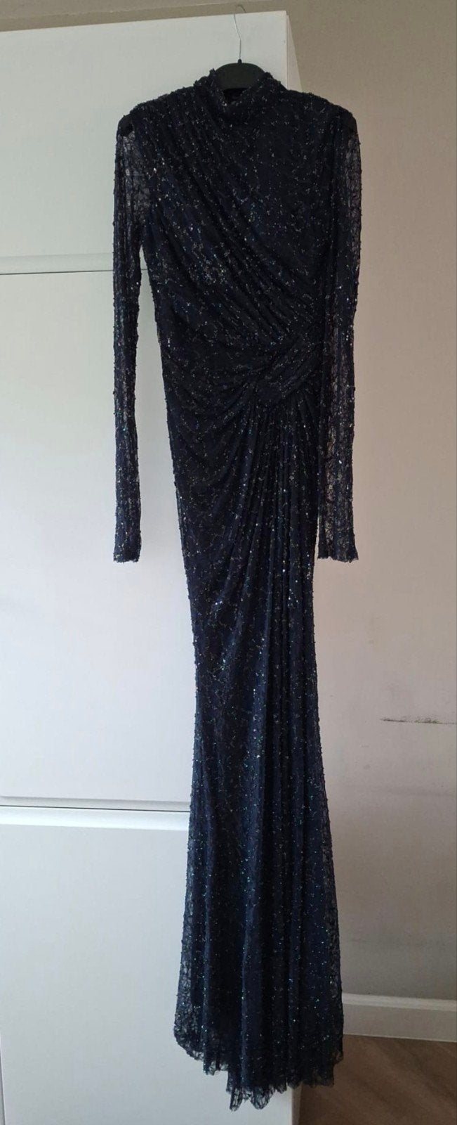 Elegante donkerblauwe galajurk met pailletten maat s, Ophalen, Galajurk, Blauw, Maat 36 (S)