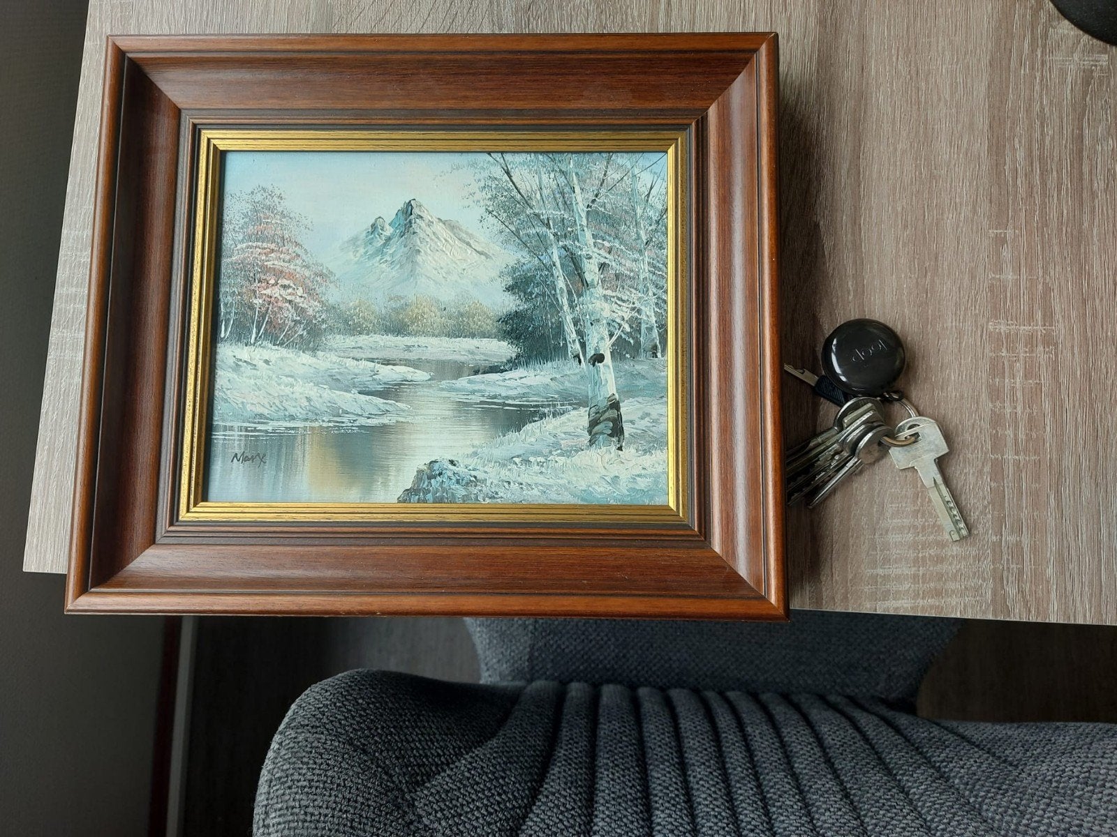 Sfeervol winters tafereel in donkereiken lijst, Doek, Realistisch, Ophalen of Verzenden, Landschap