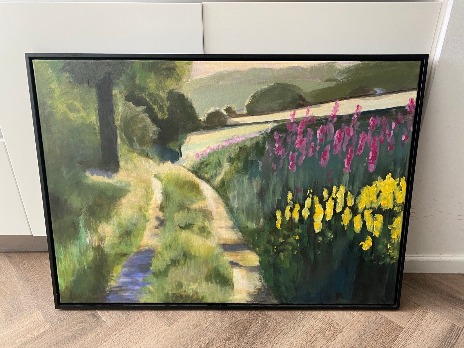 handgeschilderd groot schilderij 70x100 in baklijst vt wonen, Antiek en Kunst, Kunst | Schilderijen | Abstract, Ophalen of Verzenden