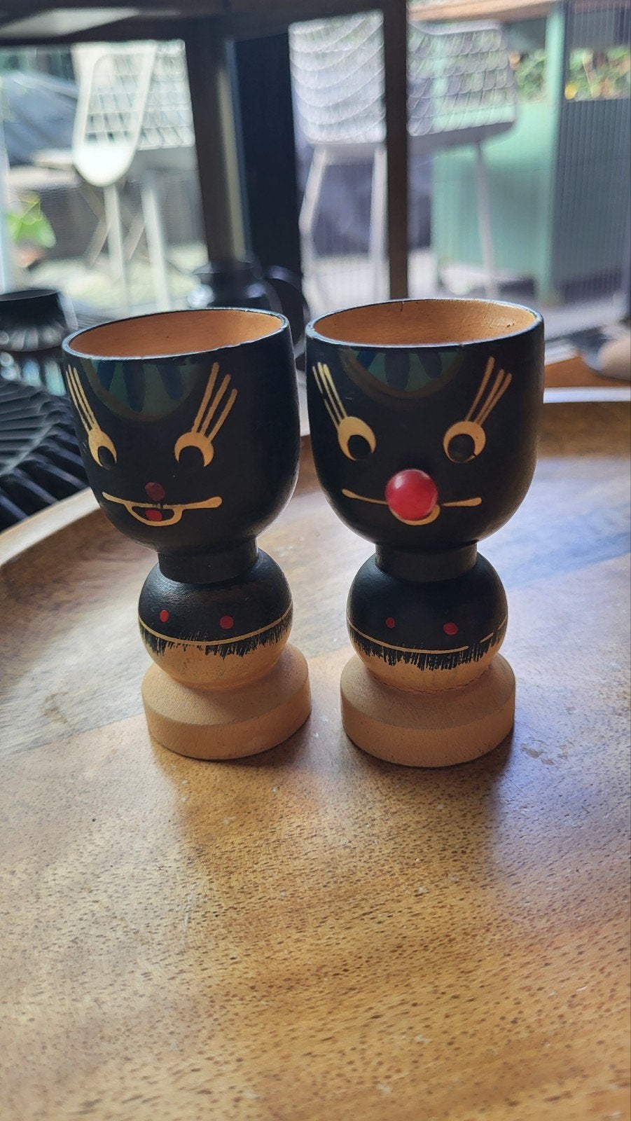 Vintage houten eierdopjes - Zwarte katten (1969), Ophalen of Verzenden