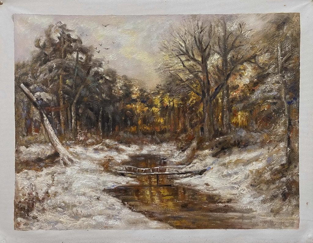 Olieverf replica Apol: Zonsondergang in een besneeuwd bos, Antiek en Kunst, Nederlandse school, Olieverf, Doek, Verzenden