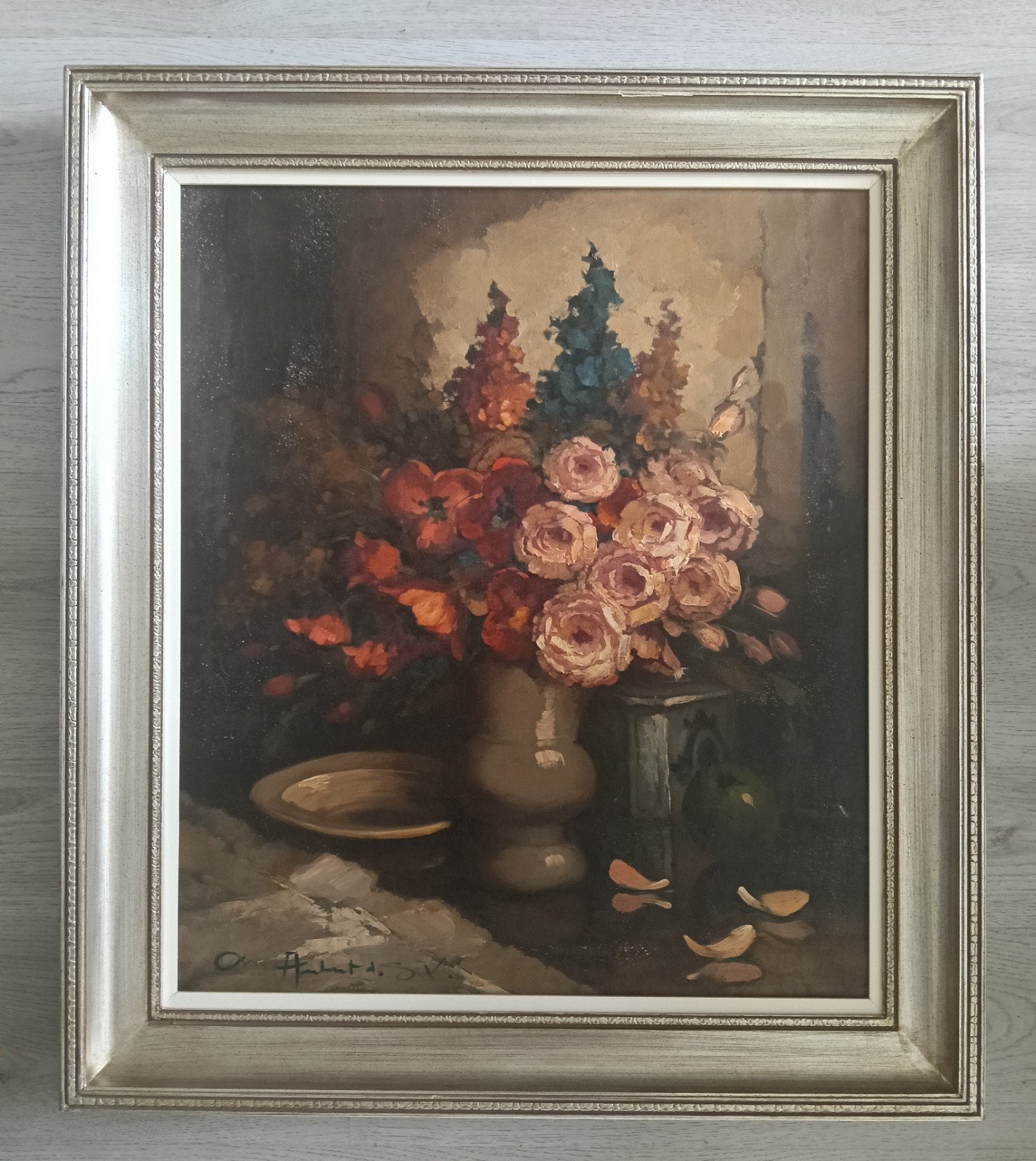Stilleven met rozen en fruit - Gesigneerd, Ophalen of Verzenden, Impressionistisch, Bloemen