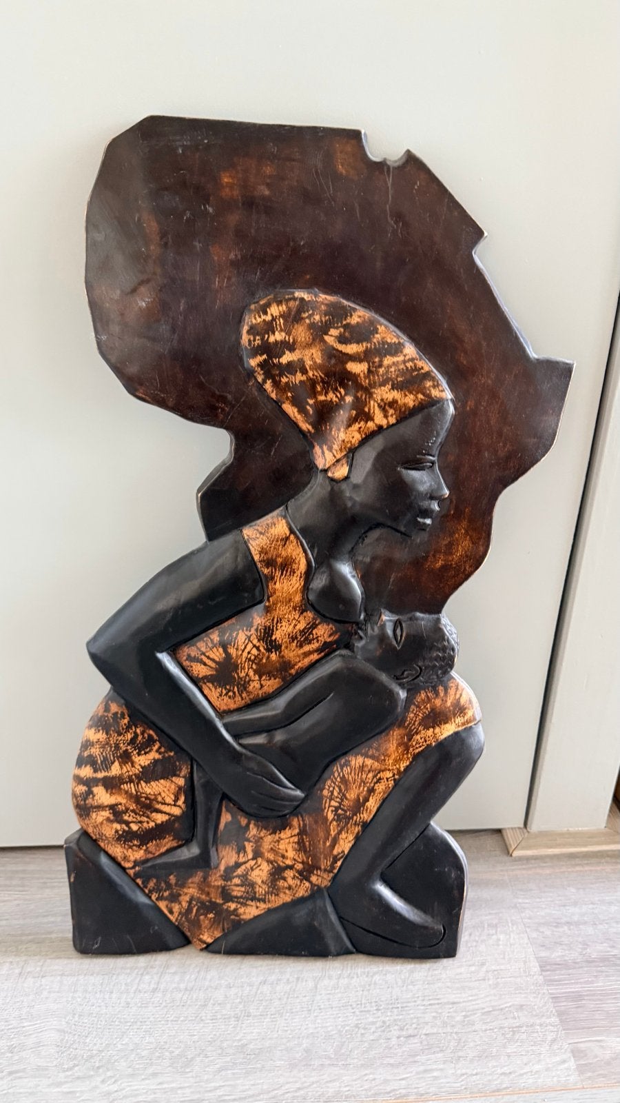 Houten Afrikaanse Muurdecoratie Moeder en Kind, Wanddecoratie, Bruin, Afrika, Handgemaakt