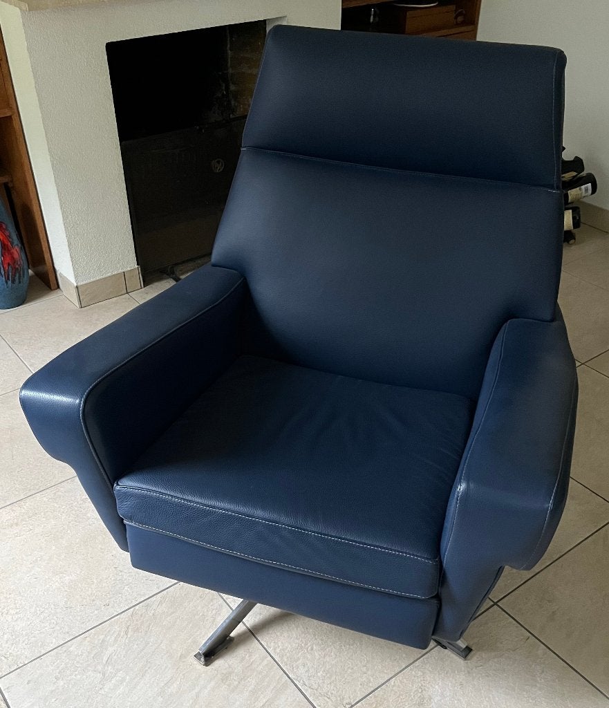 Vintage Mid-Century Modern design draaifauteuil blauw leer, Ophalen, Vintage Jaren 60 Design Draaifauteuil, Blauw, Zo goed als nieuw