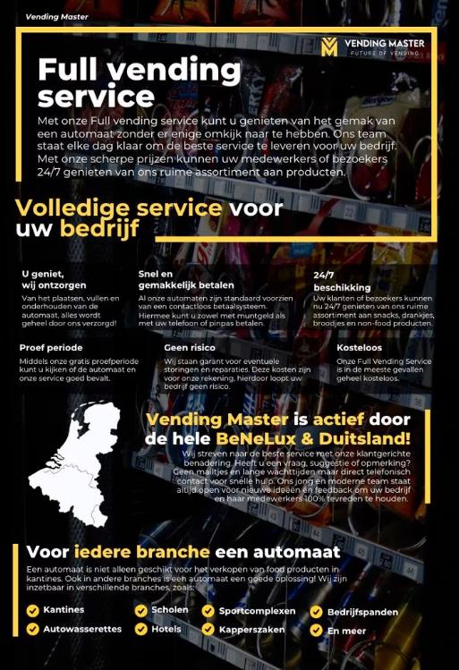 Full Service Vending | Gratis vendingmachine op locatie, Ophalen, Vending Master, Ewinkel 12, 5431ND Cuijk, Info@vendingmaster.nl