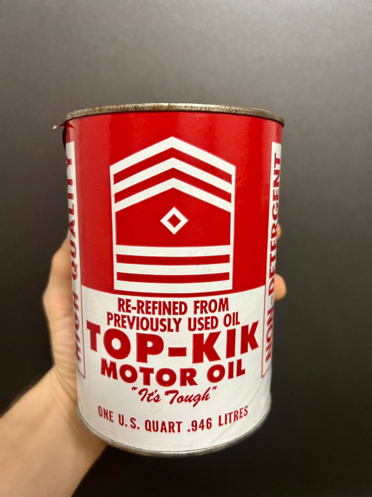 Olieblik olie blik oil can Top Kik usa quart bank mancave, Ophalen of Verzenden, Zo goed als nieuw, Overige