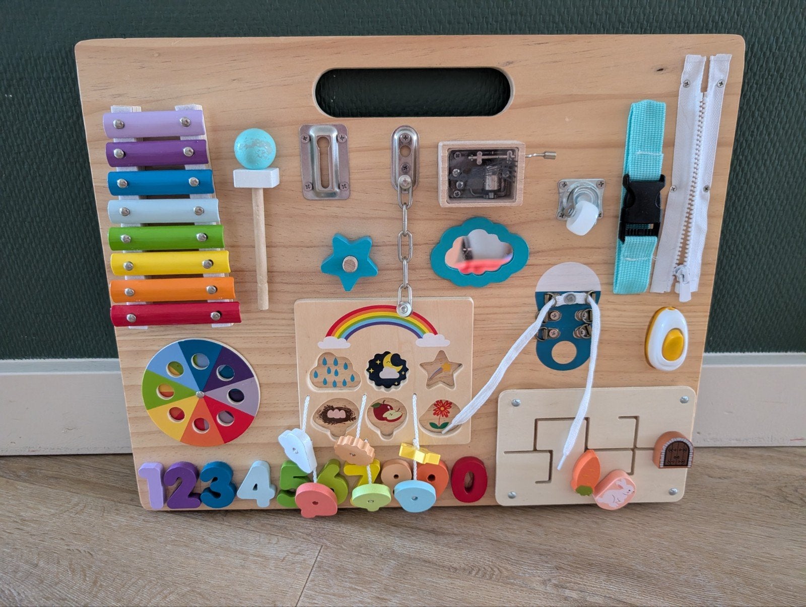 Houten Montessori Busy Board - Educatief Speelgoed, Ophalen, Zo goed als nieuw, Puzzelen, Met geluid
