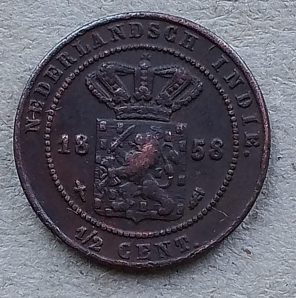 Nederlands Indië, 1/2 cent 1858, Ophalen of Verzenden, Zuidoost-Azië, Losse munt