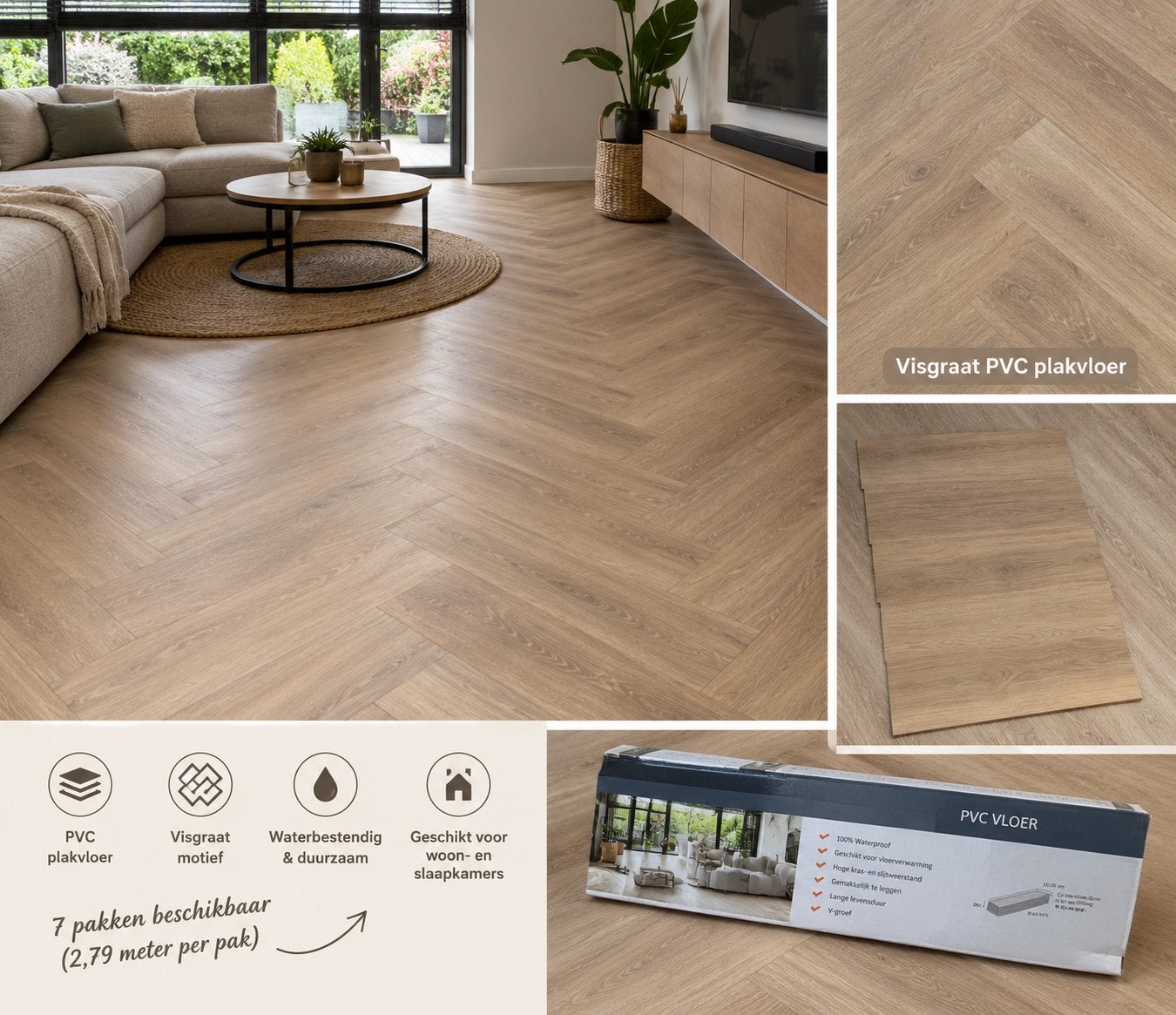 7 pakken Visgraat PVC Vloer - 19.53 m² Totaal, Ophalen, Kunststof, Overige typen, Nieuw