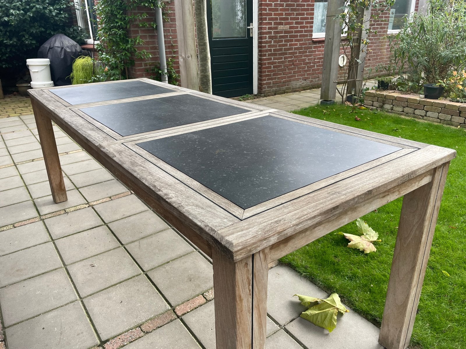 Teakhouten Tuintafel van Allure  met Leistenen Blad, Ophalen, Gebruikt, Rechthoekig, Teakhout