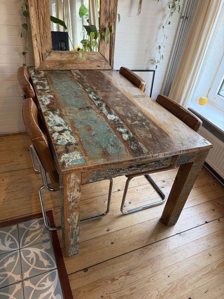 Unieke robuuste eettafel 160x90 | Gerecycled hout | Vintage, Ophalen, Gebruikt, Industrieel & vintage, 50 tot 100 cm