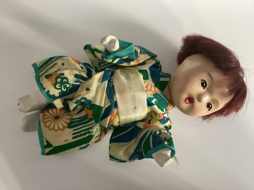 Vintage 1950s Japanse Ichimatsu pop in kimono, Ophalen, Gebruikt, Pop