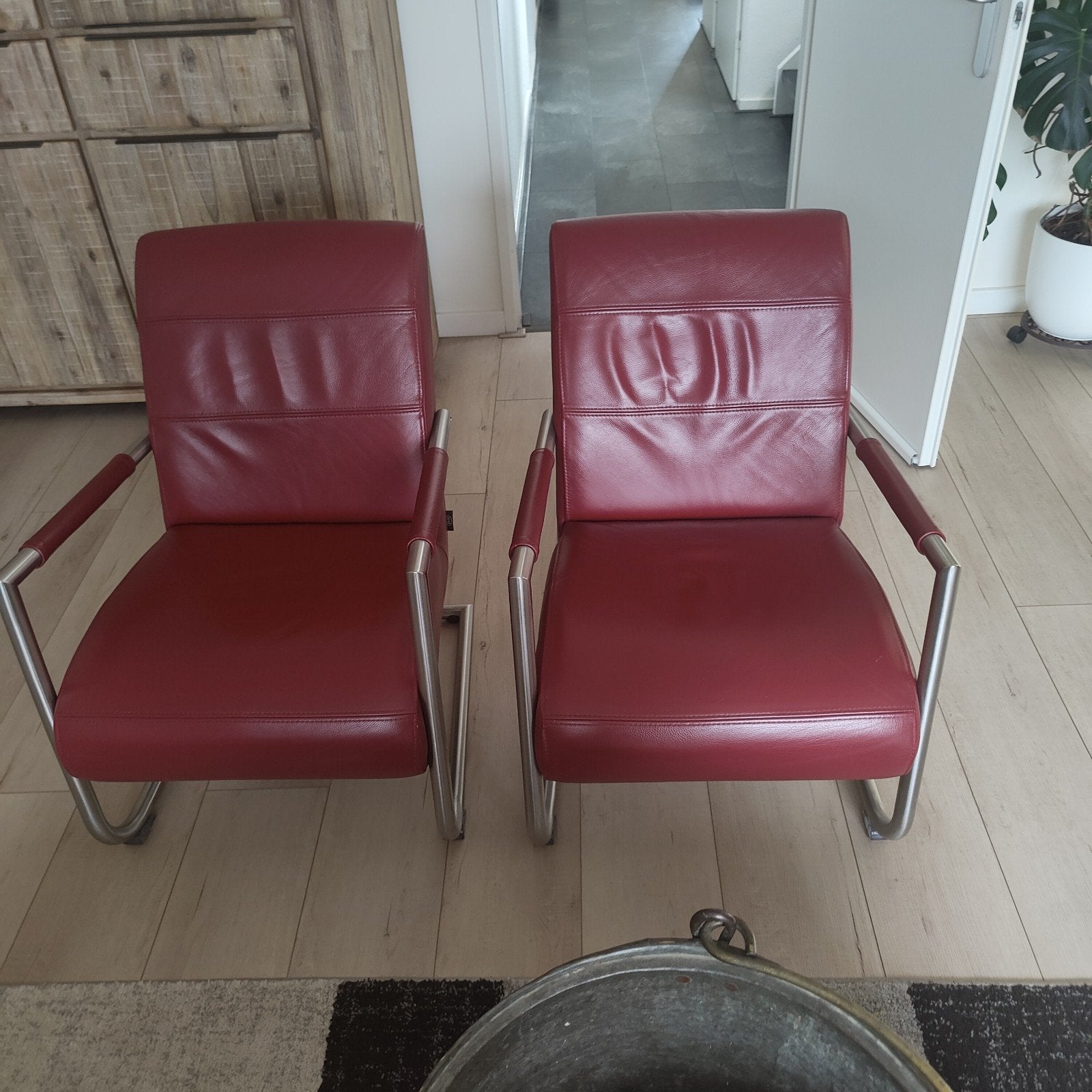 Donkerrode leren fauteuils, Ophalen, Zo goed als nieuw, 75 tot 100 cm, Leer