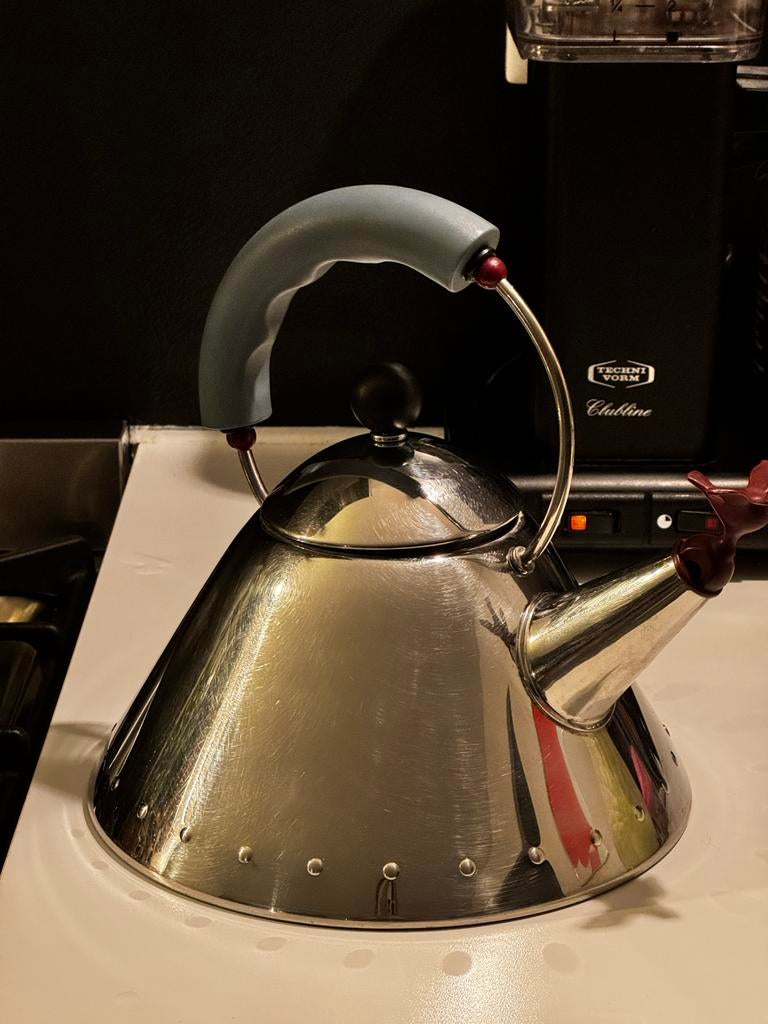 Alessi waterketel - Design fluitketel met vogel, Witgoed en Apparatuur, 1 tot 2 liter, Ophalen of Verzenden, Gebruikt, Rvs