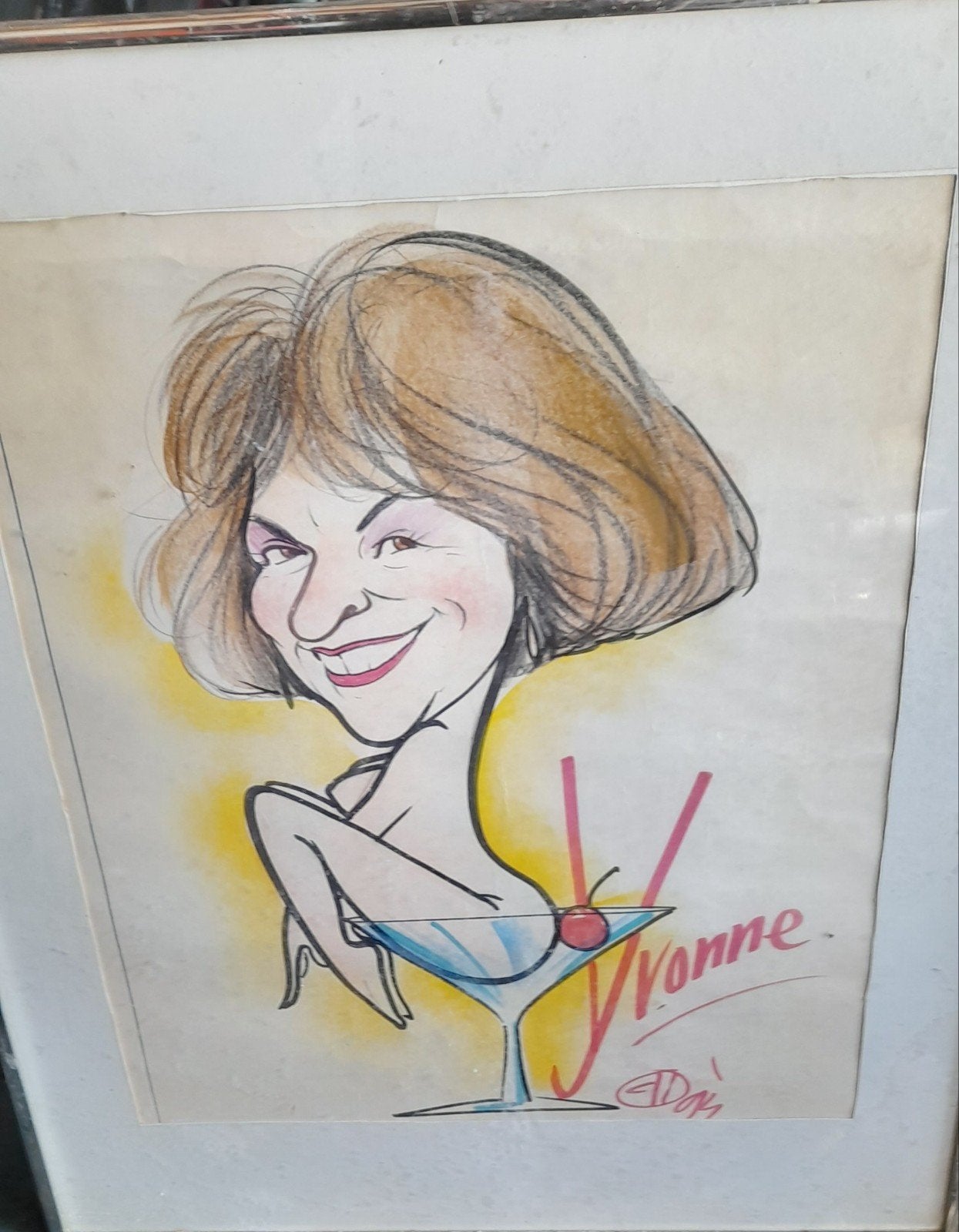 Vintage Karikatuur Tekening 'Yvonne' Gesigneerd, Ophalen, Tekening, Potloodtekening, Ingelijst