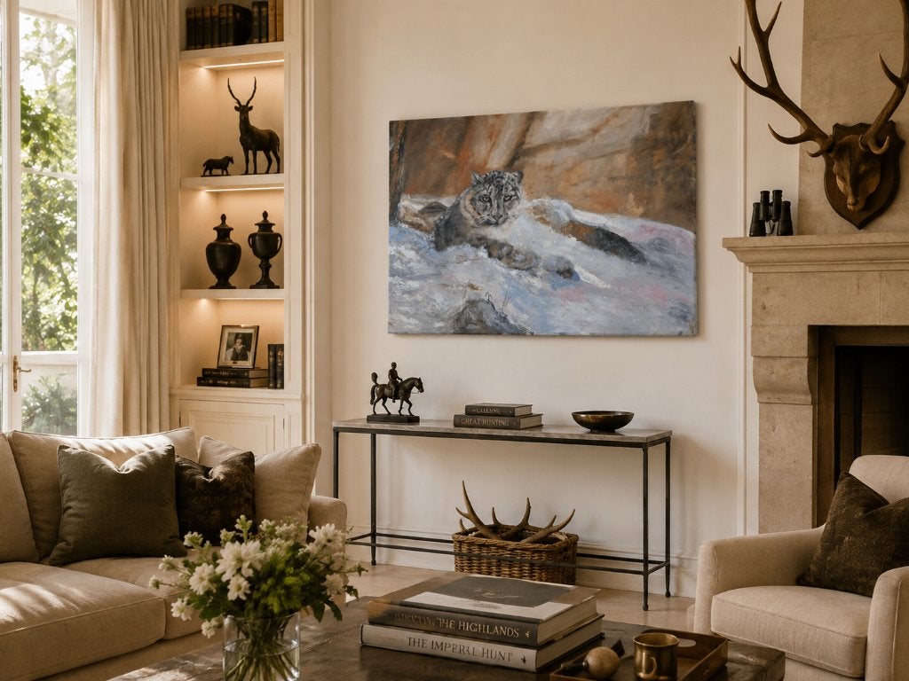 Schilderij tijger sneeuwpanter olieverf op linnen 120 x 80cm, Ophalen of Verzenden, Dieren, Olieverf, Gesigneerd