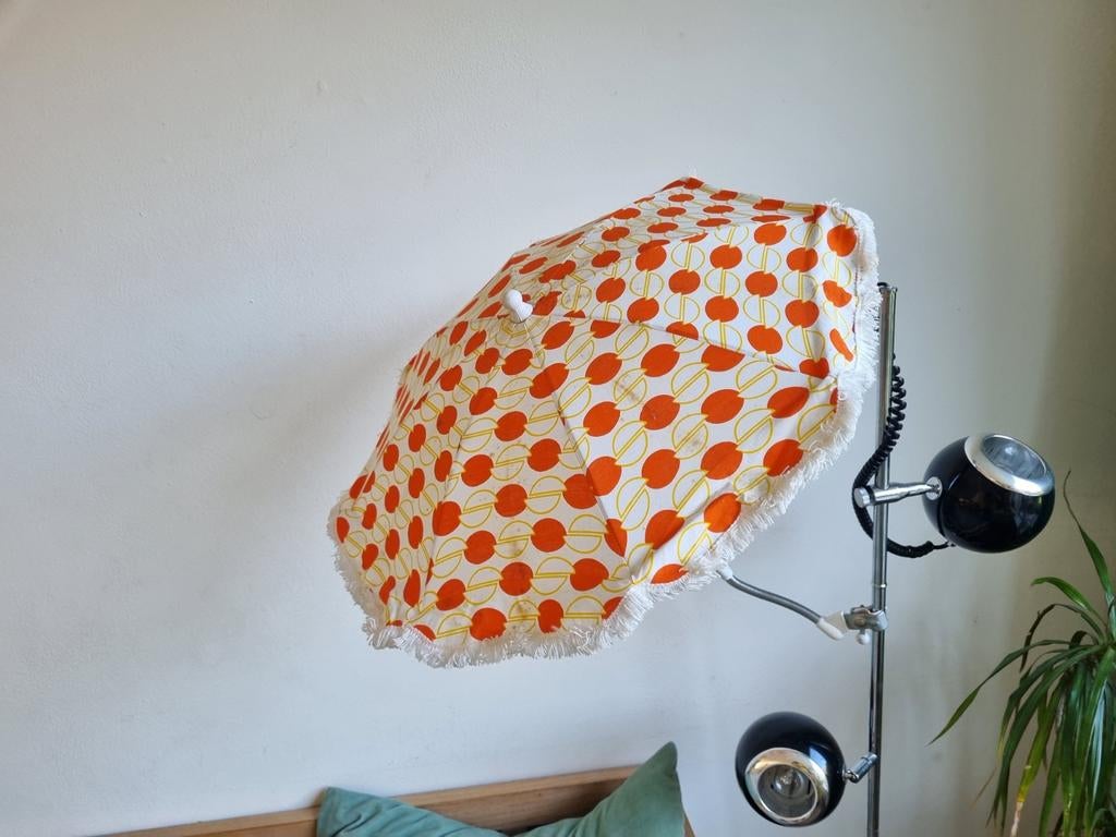 Vintage baby kinderwage Retro Parasol Ornje Geel Wit Franjes, Gebruikt, Onbekend, Ophalen of Verzenden, Onbekend
