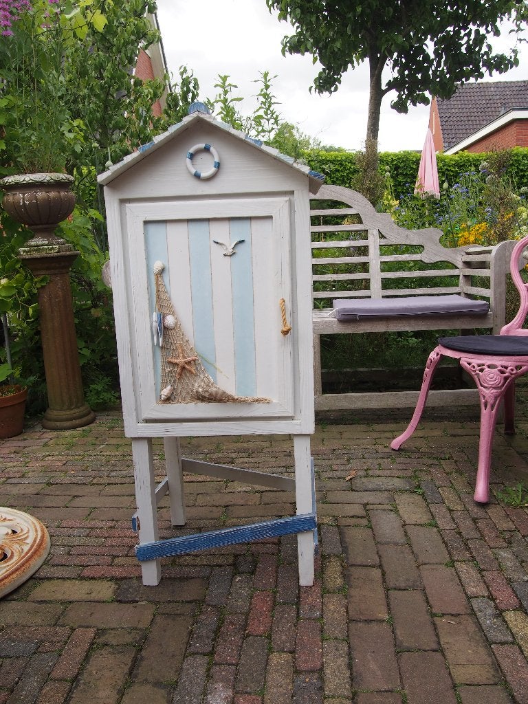 Maritiem houten strandkastje/boekenkastje/kinderkastje, Ophalen, Gebruikt