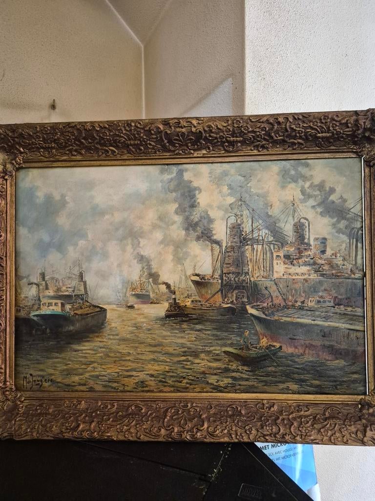 Maritiem schilderij van M. de Jongere - Havenzicht, Antiek en Kunst, Kunst | Schilderijen | Klassiek, Ophalen