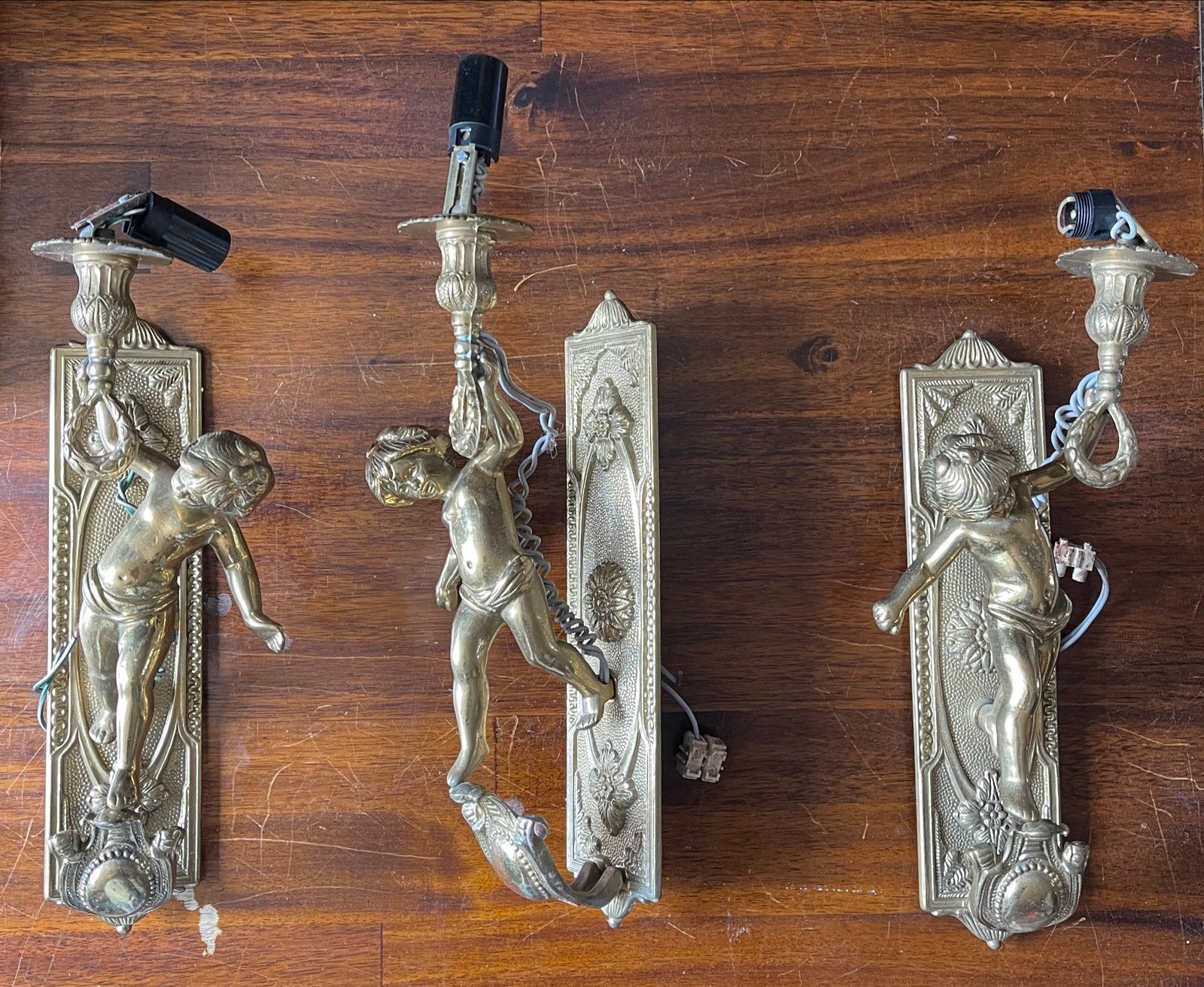 Set van 3 antieke bronzen engelen wandlampen, Antiek en Kunst, Antiek | Lampen, Ophalen
