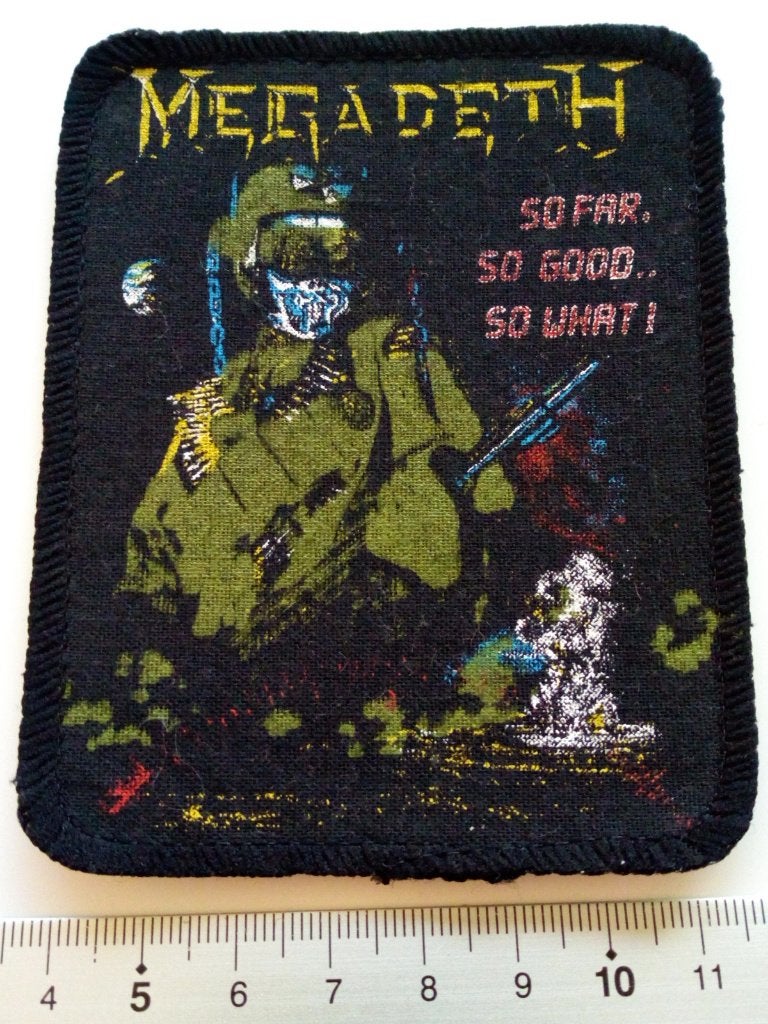 Megadeth vrij mooie vintage 1988 patch 12 so far so good, Ophalen of Verzenden, Nieuw, Kleding