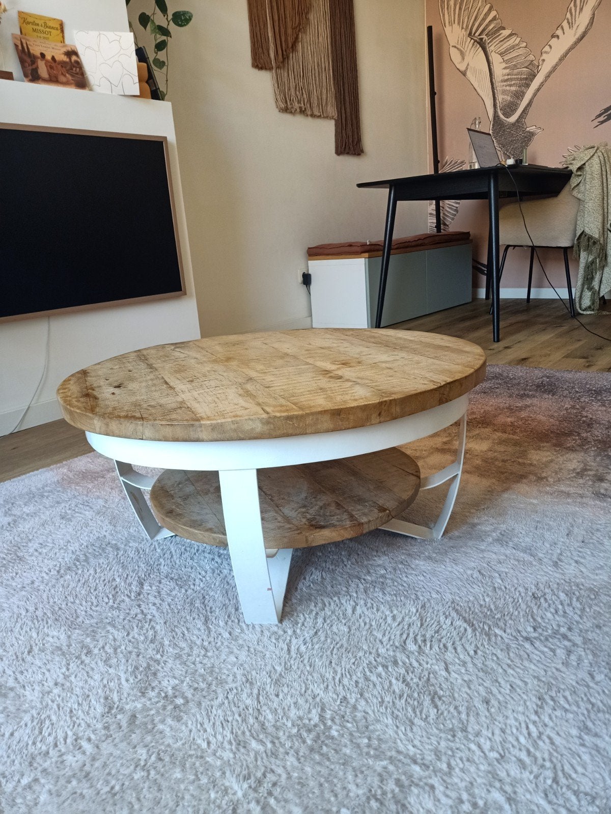 Salontafel rond mangohout met wit metalen onderstel, 50 tot 100 cm, Modern, Industrieel, Rond, 50 tot 100 cm