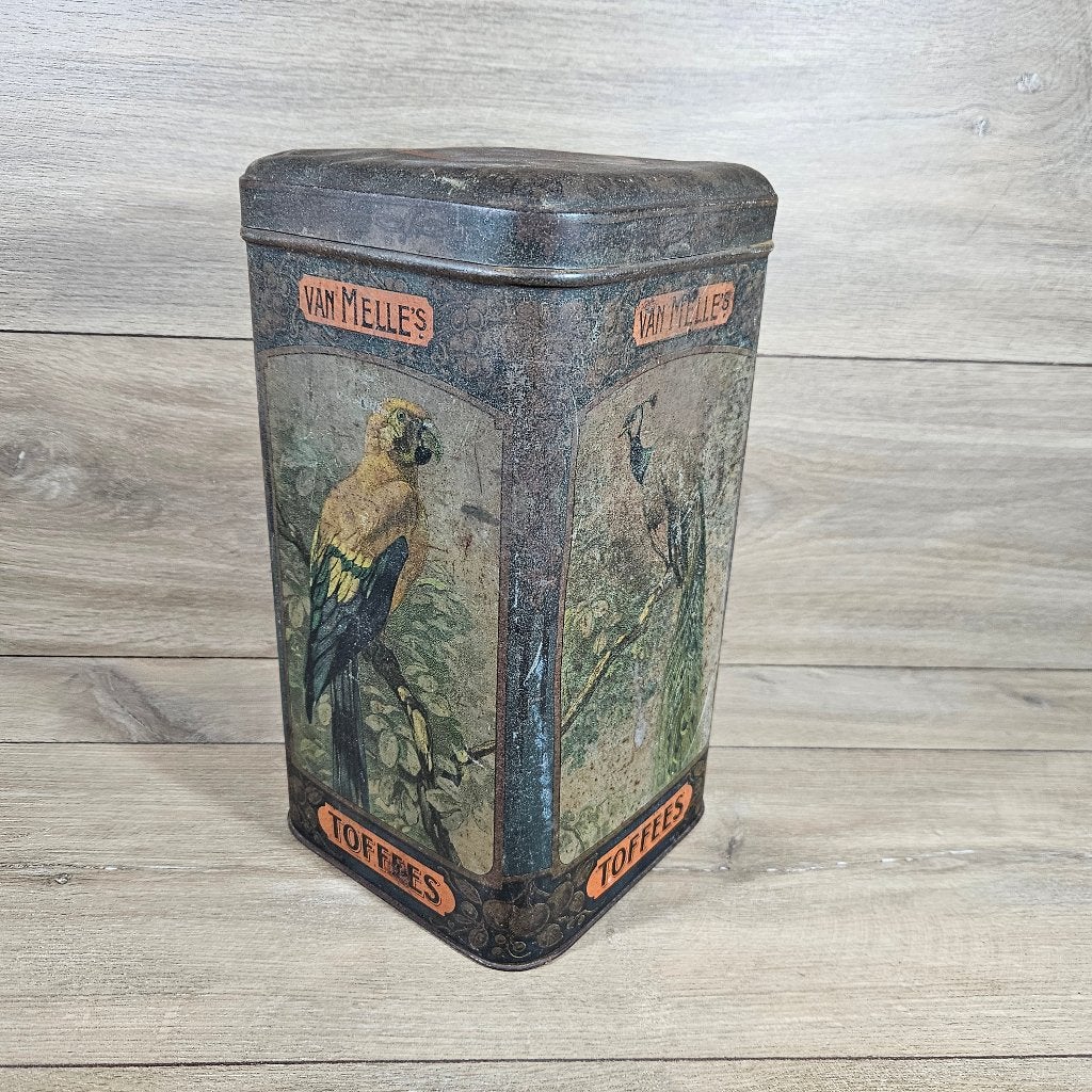 Antiek Van Melle's Toffees blik met papegaaien, 29 cm hoog, Ophalen of Verzenden, Gebruikt, Overige, Van Nelle