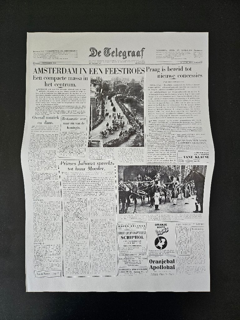 afdruk van historische voorpagina Telegraaf van 6-9-1938, Ophalen of Verzenden, 1920 tot 1940, Nederland, Knipsel(s)