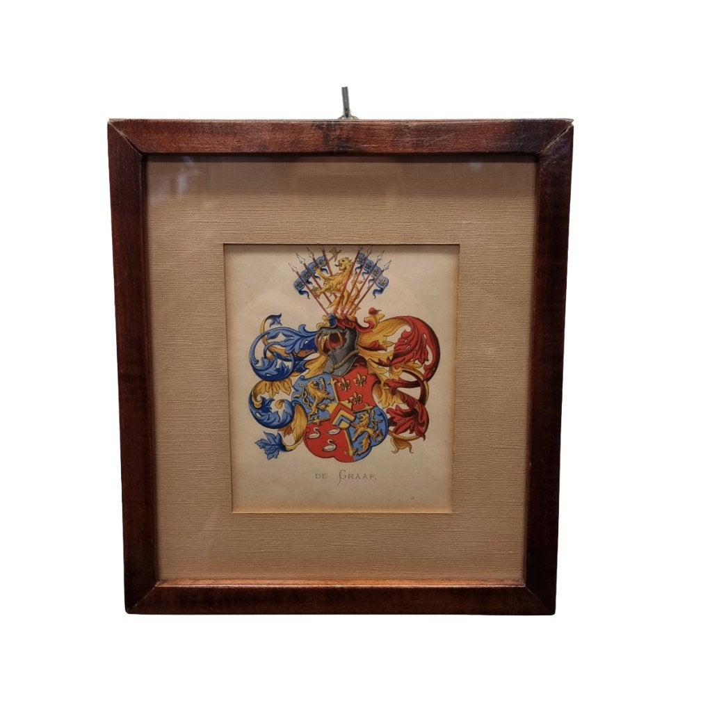 Antieke kleurenlitho met familiewapen van De Graaf, Ingelijst, Ophalen of Verzenden, Overige onderwerpen, Lithografie
