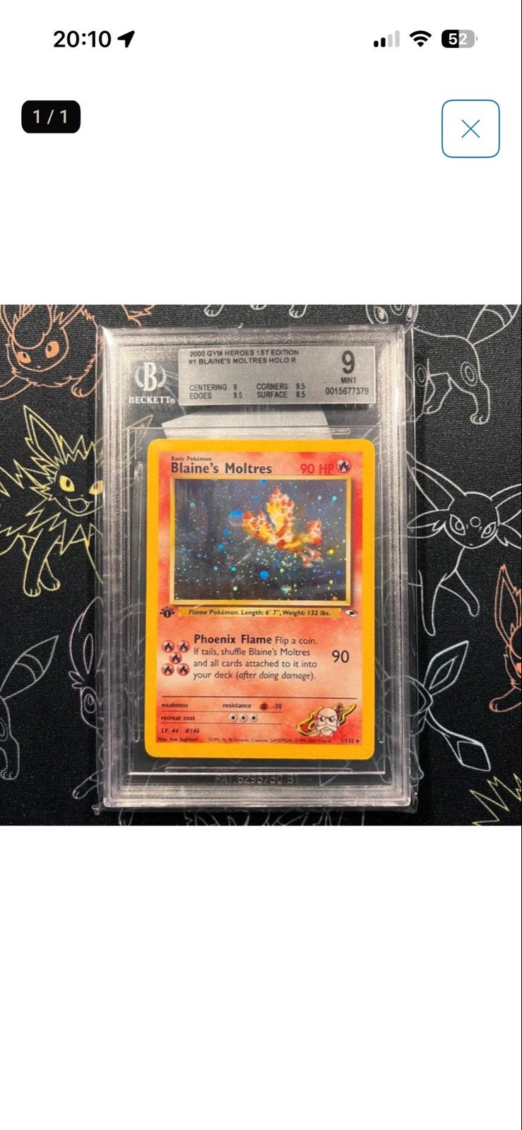 BGS 9 Blaine's Moltres 1st Edition Holo met SWIRL, Ophalen, Zo goed als nieuw, Losse kaart, Foil