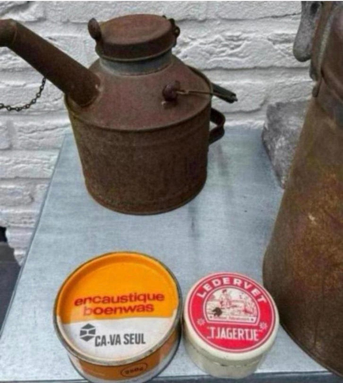 Oude Koperen Spuit / oud Blikje Boenwas of Ledervet, Ophalen of Verzenden, Zo goed als nieuw