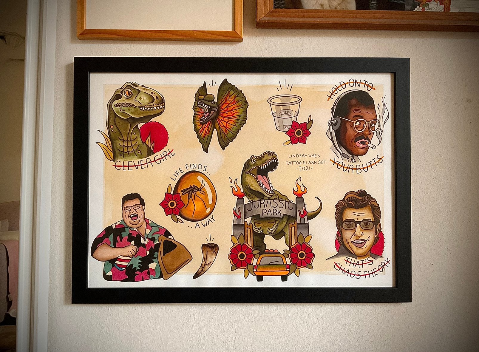 Jurassic Park (1993) Tattoo Flash - handgeschilderd, Antiek en Kunst, Film, Papier/karton, Gelimiteerde oplage, Ophalen of Verzenden